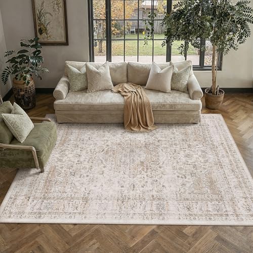 5x7 Washable Area Rug Beige Vintage Non Slip Soft Low Pile Rug for Living Room Bedroom Dining Room Office Distressed Oriental Indoor Throw Carpet for Home Decor - color: Light Beige, size: 5' x 7' (Rectangular)