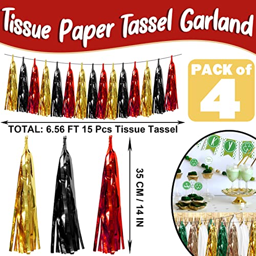 4P Black-Red Gold Foil Fringe Metallic Tassel Garland, Tassels Banner Streamers for Parade Floats, Bachelorette, Wedding, Birthday, Halloween, Christmas, Bridal/Baby Shower Party Decorations - color: Black Red Gold