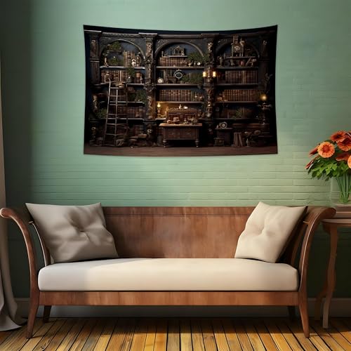 QGHOT Medieval Bookshelf Tapestry Vintage Bookcase Library Backdrop Old Books Dark Academia Large Tapestries Wall Hanging for Bedroom Living Room Office Zoom Background 59.1"x39.1" - color: A, size: 39.1"L x 59.1"W