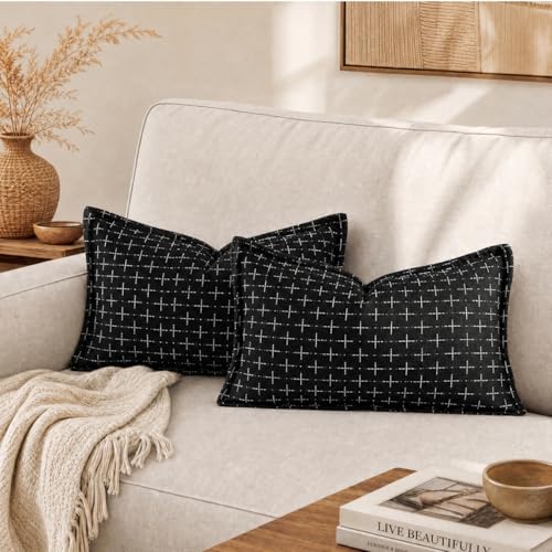 AVOIN colorlife Pack of 2 Decorative Throw Pillow Covers 20x12 Inch, Flange Edges Woven Textured Cushion Case Home Decor for Couch Sofa Bed Living Room Black - color: Black, size: 20" x 12" (Pack of 2)