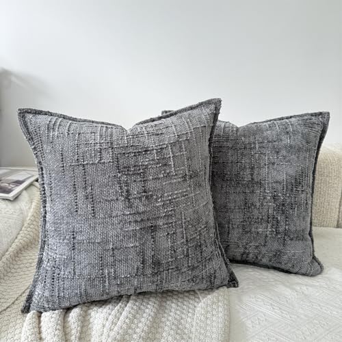 OYIMUA Gray 20x20 Chenille Pillow Covers Set of 2 Farmhouse Decorative Textured Pillow Cases for Living Room Couch Bed Soft Luxury Accent Throw Pillows with Elegant Design - color: Grey, size: 20" x 20" (Pack of 2)