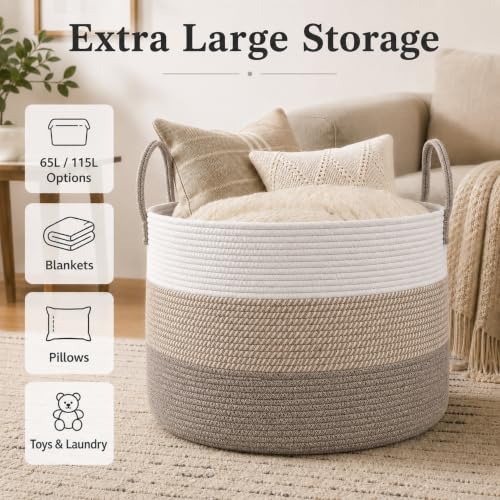 JMvicyroam 115L Extra Large Blanket Basket for Living Room - Woven Cotton Rope Laundry Hamper with Reinforced Handles - Storage Bin for Pillows, Comforters & Toys - Machine Washable,White&Brown Mix - color: White&Brown Mix, size: 115L