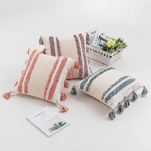 Boho Tufted Throw Pillow with Tassels, Country Thick Striped Style Soft Cushion Cover Decor wuth Zipper for Chair Bed Couch Living Room (Green,12" x 20") - color: Green, size: 12" x 20"