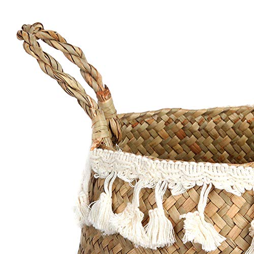 Tassel Macrame Woven Seagrass Belly Basket for Storage, Decoration, Laundry, Picnic, Plant Basin Cover, Groceries and Toy Storage (Medium, Tassel) - color: Ivory White, size: Medium