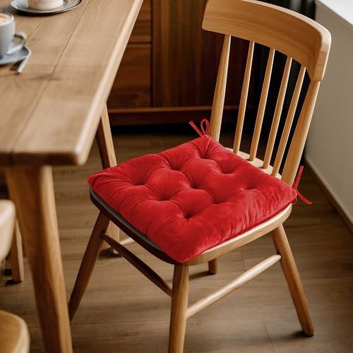 ELFJOY 4 Pack Chair Cushions for Dining Chairs Chair Pads Cushion for Kitchen Office Tufted Square Seat Cushion with Ties (16" Red Velvet) - color: Bright Red