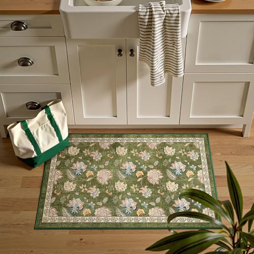 jinchan Elora 2x3 Floral Rug for Entryway Washable Kitchen Rug Vintage Romance Design Small Mat Non Slip Indoor Doormat Lightweight Low-Profile Throw Carpet for Entrance Bathroom Laundry Room, Green - color: Bloom Green, size: 2' x 3' (Light Weight)