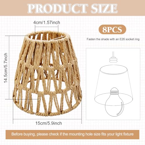 8 Pcs Small Rattan Bell Lamp Shade 5.9 x 5.7 Inch Handwoven Wicker Chandelier Barrel shades Boho Replacement Shades for Pendant, Table, Floor, and Sconce Lamps (Fitter 1.57")