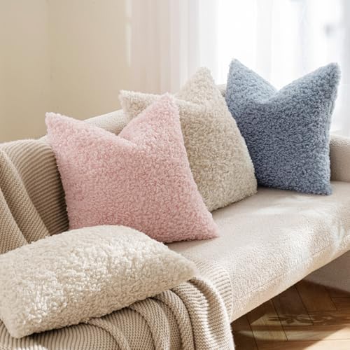 MIULEE Pack of 2 Dusty Blue Faux Fur Throw Pillow Covers 18x18 Inch Boucle Decorative Sherpa Pillow Covers Fuzzy Accent Soft Sheepskin Fleece for Boho Home Decor Sofa Living Room Couch Bed - color: Dusty Blue, size: 18" x 18" (Pack of 2)