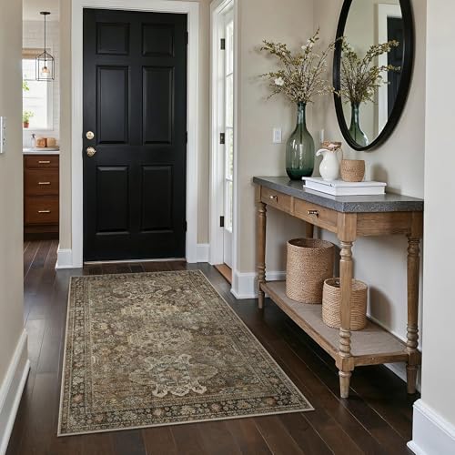 Bavni 3x4 Area Rug for Living Room Bedroom, Washable Boho Print Vintage Aesthetic Rug, Ultra-Thin Low Pile Rugs for Entryway Playroom with Non Slip Backing, Brown - color: Brown, size: 3' x 4' (Rectangular)