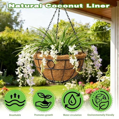 2 Pack 12 Inch Black Metal Hanging Basket Hanging Planter with Coco Coir Liner Heavy Duty Hanging Flower Pot Holder for Indoor Outdoor Patio Garden Porch Balcony Decor (Round) - color: Round