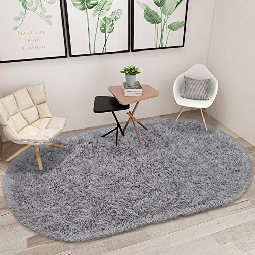 junovo Ultra Soft Washable Shaggy Rug - Non-Slip Oval Carpet for Nursery, Kids Bedroom & Home Decor (2.6x5.3ft Grey) | Plush Fluffy Floor Mat for Cozy Living Spaces - color: Grey, size: 2.6' x 5.3'