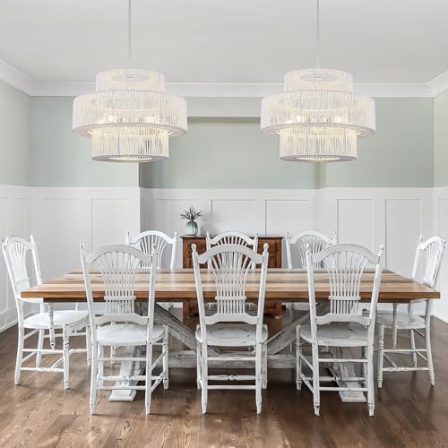 22" Farmhouse Rattan Chandeliers Large White Boho Light Fixtures for Dining Room Kitchen Island Living Room Foyer Hallway 5-Light - color: White, size: 22 Inch