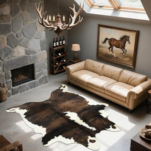BENRON Premium Cowhide Rug, Faux Cow Hide Rugs for Living Room Bedroom, Cute Animal Hides and Skins for Kids Nursery Western Home Decor, Brown, White, 4.6 x 5.2ft - color: Rust Brown, size: 4'7" x 5'2" (Irregular)