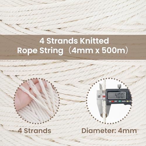 547 Yards Macrame Cord 4 Strand Twisted Recycled Cotton 4mm Beige String for Crafts Wall Hangings Plant Hangers DIY Knitting Macrame Supplies - color: Beige, size: 4mmx547Yards
