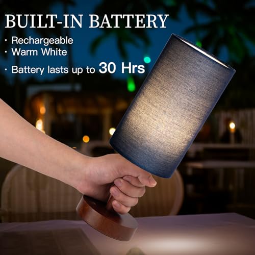 LALISU Small Table Lamp Nightstand Lamp Linen Lampshade Bedroom Wood Base Small Bedside Lamp for Night Stands, Desk Lamps for Reading Living Room, Office (LED Bulb Included) (Blue) - color: Blue