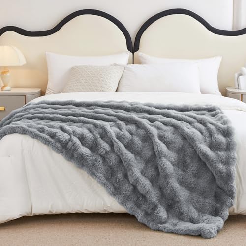 Faux Rabbit Fur Throw Blanket for Couch, Fluffy Warm Plush Thick Bubble Blanket for Bed Sofa Living Room, Soft Cozy Furry Blanket, 50x60 inches, Gray - color: Gray, size: Throw50"x60"