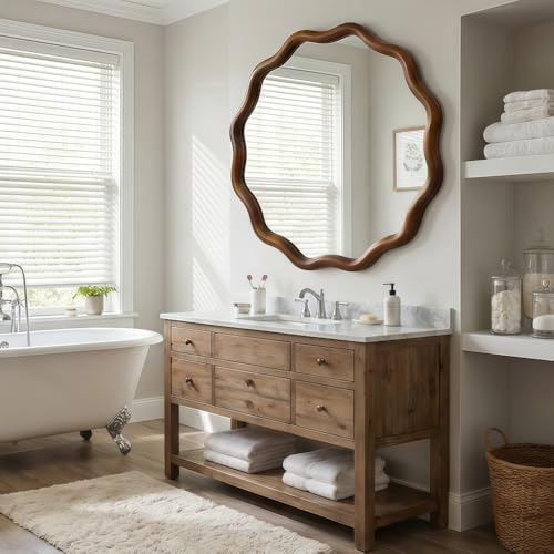 30" Wavy Round Wall Mirror with Solid Wood Frame, Country Irregular Decorative Mirror for Bathroom, Bedroom, Living Room & Entryway, HD Tempered Glass, No Distortion Vanity Mirror (Walnut, 30") - color: Walnut, size: 30"L x 30"W