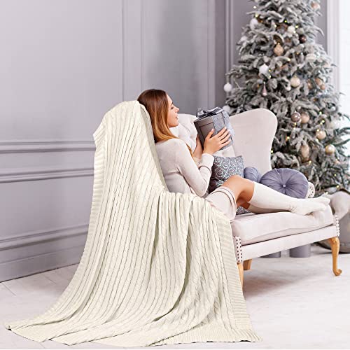 uxcell 100% Cotton Knitted Throw Blanket for Sofa and Couch Soft Lightweight Cable Knit Blanket Home Decors Blanket, Beige 50" x 60" - color: Beige, size: Throw (50" *60")