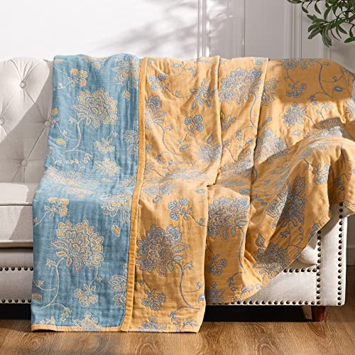 jinchan Boho 100% Cotton Muslin Queen Size 80x90 Inches Blanket Lightweight 4-Layer Quilted Soft Yellow and Blue Floral Throw Blanket Reversible Comfy Flower Rustic All Seasons Couch Bedroom Decor - color: Floral Yellow Blue, size: 80"x90"