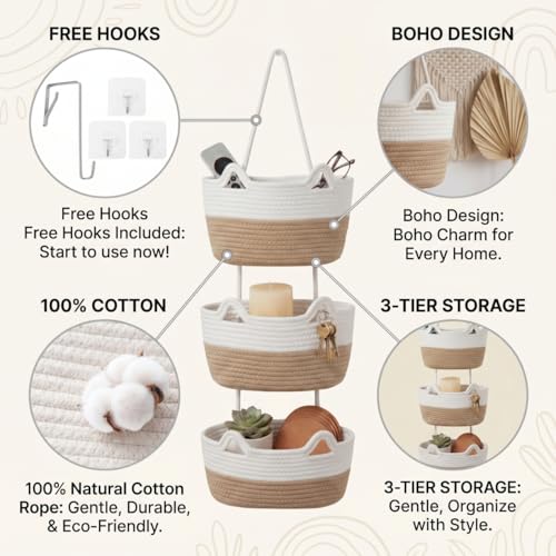 Hanging Wall Basket, Over the Door Hanging Basket with Hooks, Decorative Hanging Basket for Wall, Door, Nursery, Living Room, Bathroom, Cat-Like Design for Boho Decor, White & Jute - color: White&Honey