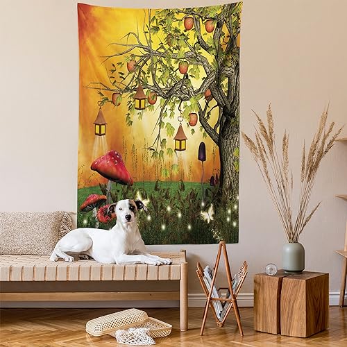 Ambesonne Fantasy Tapestry, Wonderland Forest with Fairies Butterflies Elves and Apple Tree Universe, Wall Hanging for Bedroom Living Room Dorm Decor, 40" X 60", Vermilion Orange - color: Multicolor, size: 60"L x 40"W