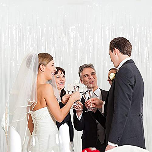 3Pcs White Metallic Tinsel Foil Fringe Curtains, 3.28ft x 6.56ft White Photo Booth Backdrop Streamer Curtain,Photo Booth Props, Bachelorette Party Supplies, Birthday, Christmas,New Year Decorations - color: White