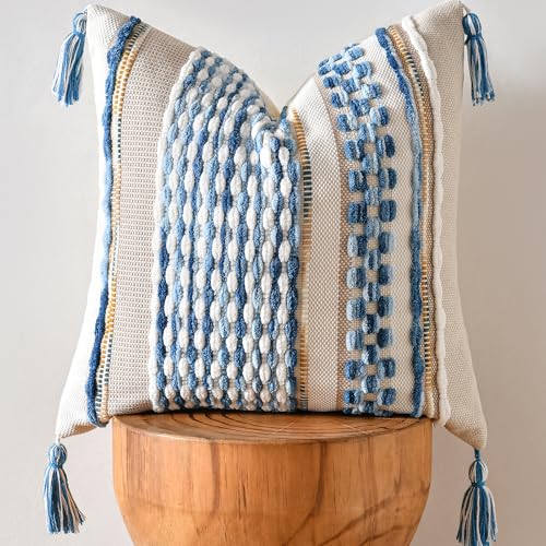 AmHoo Chenille Striped Textured Boho Throw Pillow Covers Aesthetic with Tassels Woven Decorative Pillow Case for Couch Bed Sofa Bedroom Modern Funky 18 x 18-Inch Sky Blue - color: Sky Blue, size: 18" x 18" (Pack of 1)