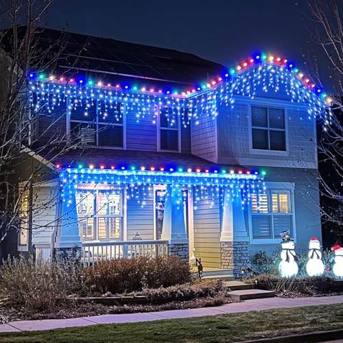 132ft Icicle Lights for Outside, Blue and White Christmas Lights Outdoor Indoor, 1280 LED Twinkle String Light with 240 Drops Curtain Light for Thanksgiving Room Home Wall Bedroom Window Decoration - color: Blue and White, size: 1280LED/132ft