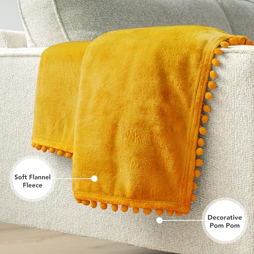 PAVILIA Fleece Throw Blanket for Couch with Pom Pom Fringe, Mustard Yellow, Soft Cozy Fuzzy Flannel Blanket for Sofa Bed, Large Lightweight Plush All Season Throw, 60x80 Inches - color: Mustard Yellow, size: 60"x80"