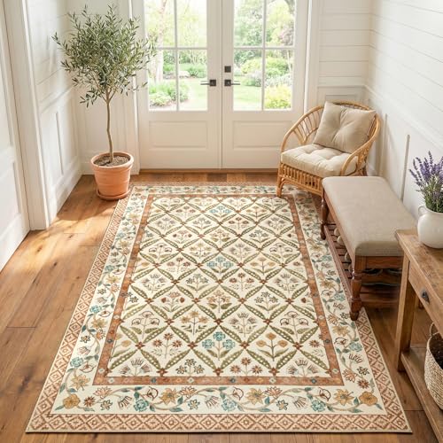 jinchan Haden 5x7 Vintage Floral Area Rug for Living Room Bedroom Soft Non-Slip Low Pile Washable Cottage Decor Dining Room Home Office Girls Dorm Carpet Terracotta - color: Terracotta, size: 5' x 7' (Rectangular)
