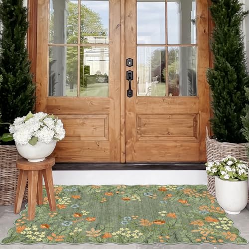 Floral Outdoor Rug - 28" x 43" Front Door Mat Indoor Outside Entrance Non-Slip Washable Outdoor Mat Sage Green Boho Flower Rug for Entryway Kitchen Bedroom Layered Doormat for Front Porch - color: Floral - Green, size: 2'4" x 3'7" (Rectangular)