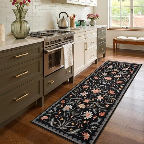 Lahome Boho Floral 2'6"x8' Washable Runners for Hallways, Kitchen Runner Rugs Non Skid Ultra-Thin, Soft Hallway Rug Throw Carpet Runners for Bedroom Bathroom Laundry Room (Black,2.6x8ft) - color: Black, size: 2'6" x 8' (Runner)