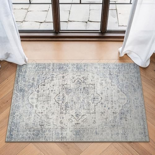 Bloom Rugs Washable Non-Slip 2x3 Rug - Ivory/Blue/Gray Traditional Oriental Area Rug for Living Room, Bedroom, Dining Room, and Kitchen - Exact Size: 2' x 3' - color: Ivory / Blue / Gray, size: 2' x 3' (Rectangular)