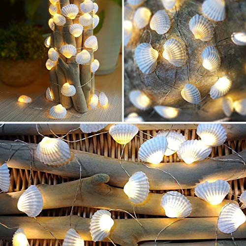 Starryfill Ocean Real Seashell 0.8"(H) 40 LED String Lights 13.85Ft Battery Operated Waterproof Warm White with Timer and Remote Control for Beach Themed Decoration Indoor Covered Outdoor Birthday - color: Seashell