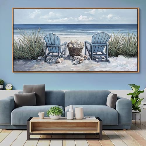 HGUAOA Coastal Wall Art - Large Landscape Wall Pictures for Living Room, Bedroom Pictures, Ocean Beach Artwork, Blue Above Bed Wall Decor Coastal Landscape Wall Art,Framed Beach Pinting - color: Blue-F, size: 48"L x 24"W