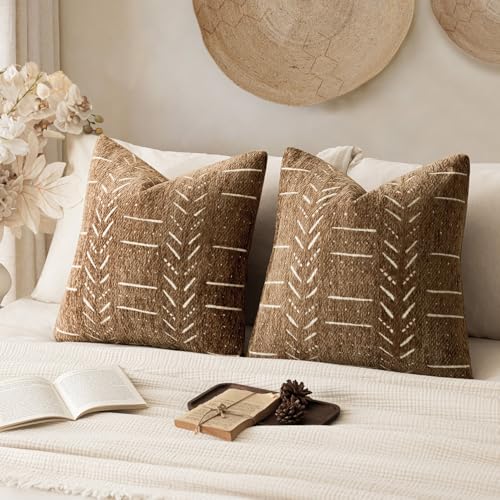 Home Décor Decorative Boho Accent Chenille Throw Pillow Covers, Textured Neutral Cushion Covers, Soft Farmhouse Pillowcase for Couch Sofa Bed Living Room, 18×18 Inch, Set of 2, Brown Orange - color: Lion, size: 18" x 18" (Pack of 2)