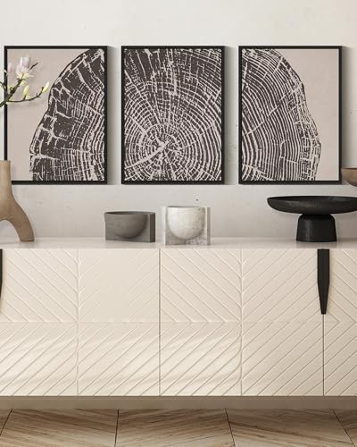 PHOPAGO Farmhouse Vintage Framed Wall Art Set Gray Wood Tree Ring Spirals Nature Abstract Drawings Rustic Modern Art Decor for Living Room Bedroom - 11x14in Black Framed - color: Oak Tree Ring, size: 11" x 14" x 3 Pcs Black