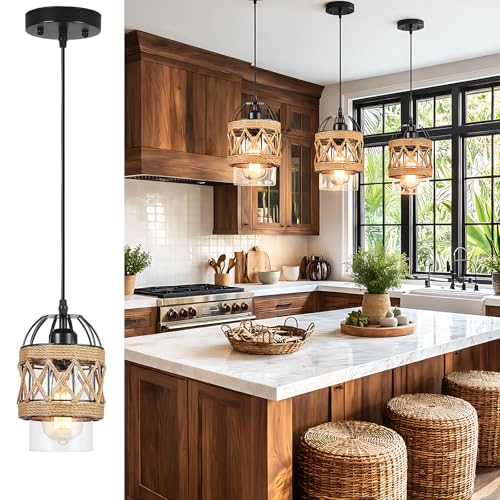 Black Farmhouse Boho Kitchen Island Pendant Light,Hand-Woven Rattan Pendant Lighting with Metal Cage Clear Glass Shade,Coastal Wicker Small Hanging Light Fixture Bedroom Dining Room Decor