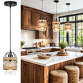 Black Farmhouse Boho Kitchen Island Pendant Light,Hand-Woven Rattan Pendant Lighting with Metal Cage Clear Glass Shade,Coastal Wicker Small Hanging Light Fixture Bedroom Dining Room Decor