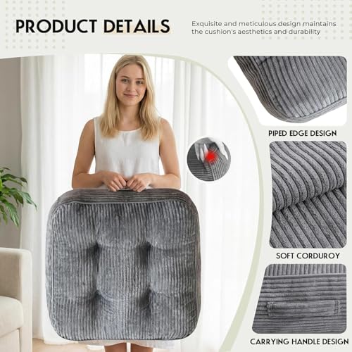 11" Thick Washable Floor Pillow for Adults, Yoga & Meditation Cushion with Handle, Square Large Pillows Seating with Removable Tufted Corduroy Cover for Tatami Living Room Board Games, Light Gray - color: Light Gray