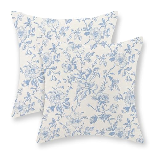 Light Blue Vintage Floral Pillow Covers 16x16 Inch 2 Pcs Blue Cream Rustic Toile Chinoiserie Flower Decor Throw Pillows Outdoor Decoration Pillowcase Linen Cushion Cover for Couch Sofa Bed - color: Light Blue Vintage Floral, size: 16" x 16" (Pack of 2)