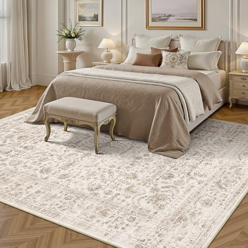 8x10 Area Rugs for Living Room, Washable Vintage Retro Floral Rug, Low Pile Non Slip Distressed Large Carpet for Bedroom, Dining Room, Office, Home (Light Brown) - color: E-light Brown, size: 8' x 10' (Rectangular)