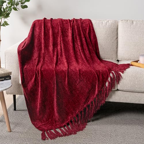 PAVILIA Burgundy Red Chenille Throw Blanket for Couch Sofa, Soft Maroon Red Knit Throw with Tassel, Decorative Blanket for Bed Chair Living Room, Wine Red 50x60 - color: Red, size: 50 X 60 Inches - Throw