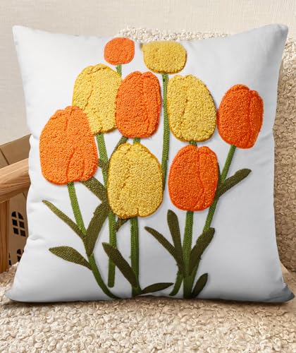 Embroidered Throw Pillow Cover - 18x18 Decorative Pillow Cover with Zipper Aesthetic Cute Design Boho Spring Summer Cozy Throw Pillowcase for Living Room Couch Sofa Bed, Yellow Tulips - color: Yellow, size: 18" x 18" (Pack of 1)