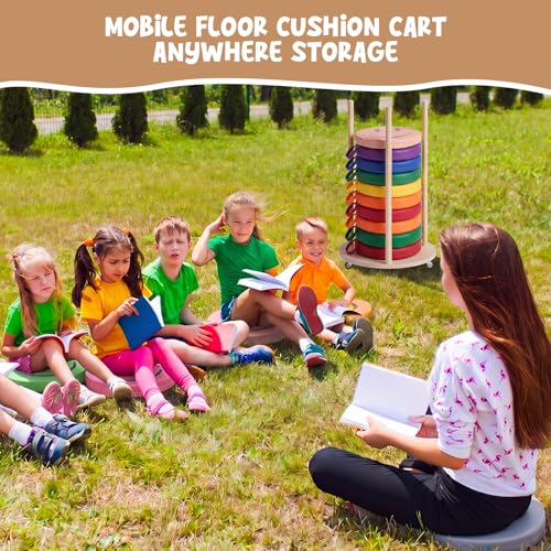 Mobile Floor Cushion Storage Cart for 15 Inch Round Sit Mats, Solid Wood Organizer with Smooth Rolling Casters, Classroom Flexible Seating Tidy Trolley for Daycare Preschool Home