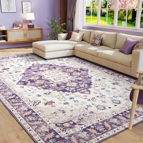 Amearea Vintage Design Area Rugs for Living Room, 4x6 Machine Washable Floral Collection Traditional Bedroom Rug, Low Pile Cute Kids Room Print Carpet, No Slip Office Kitchen Home Decor, Purple - color: Purple, size: 4' X 6' (Rectangular)