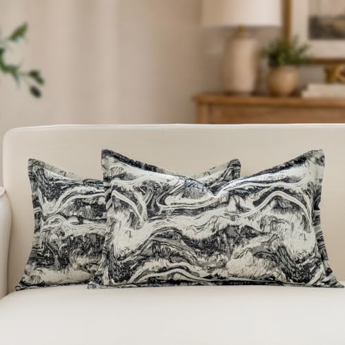 MATTINS Neutral Marble Pillow Covers 12x20 Set of 2, Modern Textured Lumbar Pillow Covers, Luxury Farmhouse Black Pillow Covers, Boho Patterned Decorative Pillow Cover for Couch Sofa Bed Gift Pack - color: Black, size: 20" x 12" (Pack of 2)