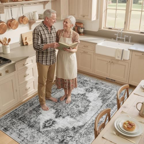 Area Rug 4x6 Vintage Rugs: Washable Indoor Medallion Rug Low Pile Distressed Floor Carpet Retro Accent Rugs for Living Room Bedroom Kitchen Dining Table Home Office(Black, 4'x6') - color: Black, size: 4' x 6' (Rectangular)