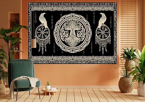 Hajmsug Vikings Tapestry,Black and White Tree Bird of Wisdom Celtic Rune Ancient Rune Totem Norse Mythology Medieval Viking Wall Art,Aesthetic Mythology Tapestry for Bedroom Living Room,40X30 Inch. - color: Black, size: 30"L x 40"W
