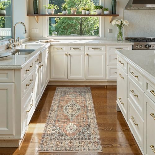 Lahome Oriental Small Area Rug, 2x4 Soft Washable Rugs for Entryway Kitchen, Non-Slip Ultra-Thin Fall Indoor Door Mat Vintage Small Carpet for Bathroom Bedroom Eleanor, Peach/Orange - color: Terracotta, size: 2' x 4' (Rectangular)